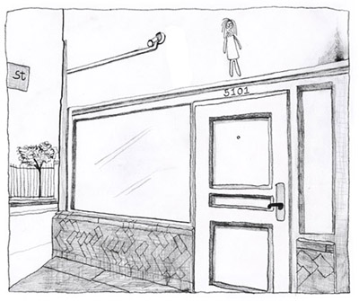 Los Angeles mixed media artist, Ayin Es - drawing of the storefront studio in Highland Park: Moppet