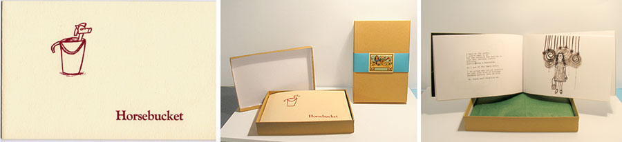 Horsebucket Artist's book by Carol Es - cover, inside box, showing open book to drawing illustration