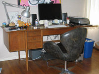 Los Angeles mixed media artist, Ayin Es: Rubber Soul Studio, work station with desk and chair