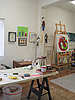 Los Angeles mixed media artist, Ayin Es - Moppet studio, interior with saw-horse table