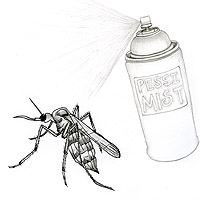 Sweetnsour Pie by mixed media Artist, Carol Es - drawing of mosquito being sprayed by poison