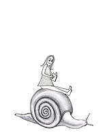 Sweetnsour Pie by mixed media Artist, Carol Es - drawing of a girl reading a book sitting on a snail